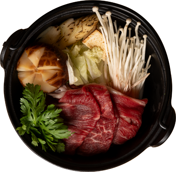 <p>Sukiyaki Lunch Set Served with Rice, and Pickles</p>

<p>Sukiyaki Dinner Set Served with Raw Egg, Steamed Rice (or Udon Noodles), Fried Taro, Pickles (Tsukemono), and Kinpira Burdock</p>
